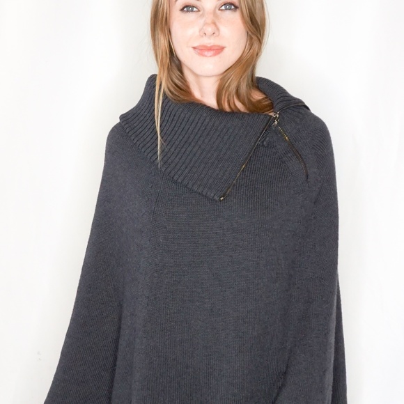 THEORY Grey Zipper Neck Wool Poncho S 751 - Picture 5 of 6